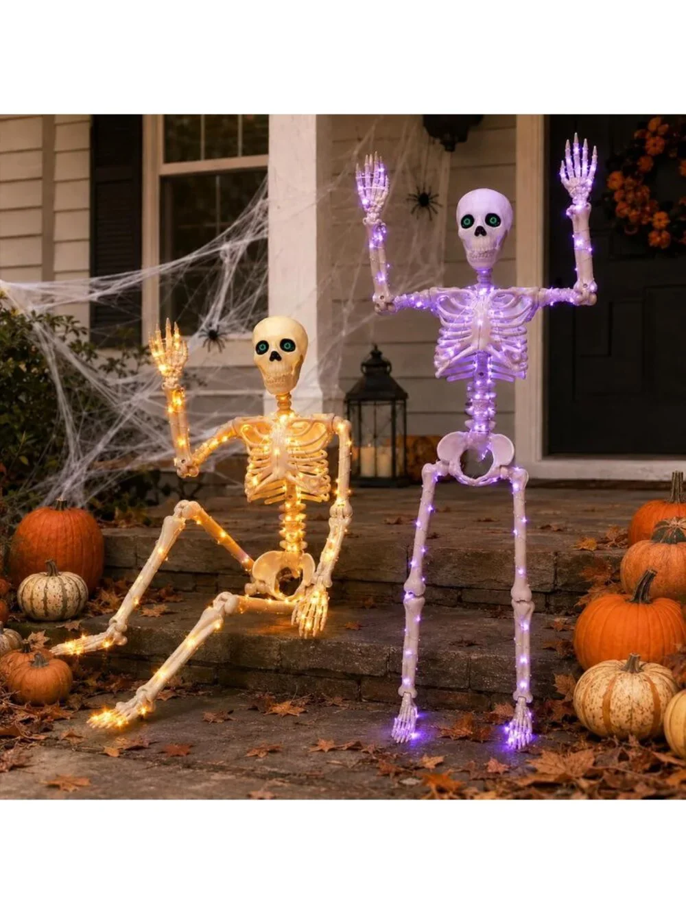 Lighted Skeletons 3FT - 2 Pack Halloween Decor, Realistic Skulls & 350pcs Lights